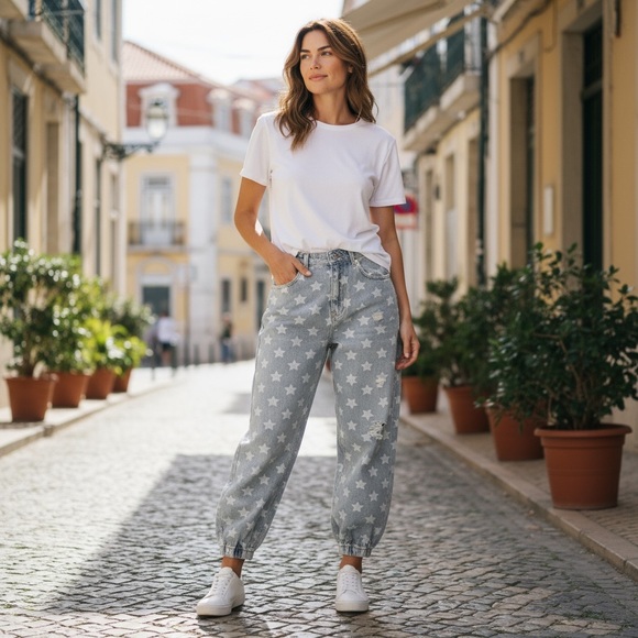 ๐ POL - Sample - Star Patterned Denim Joggers - Destressed - 100% COTTON - Picture 9 of 12